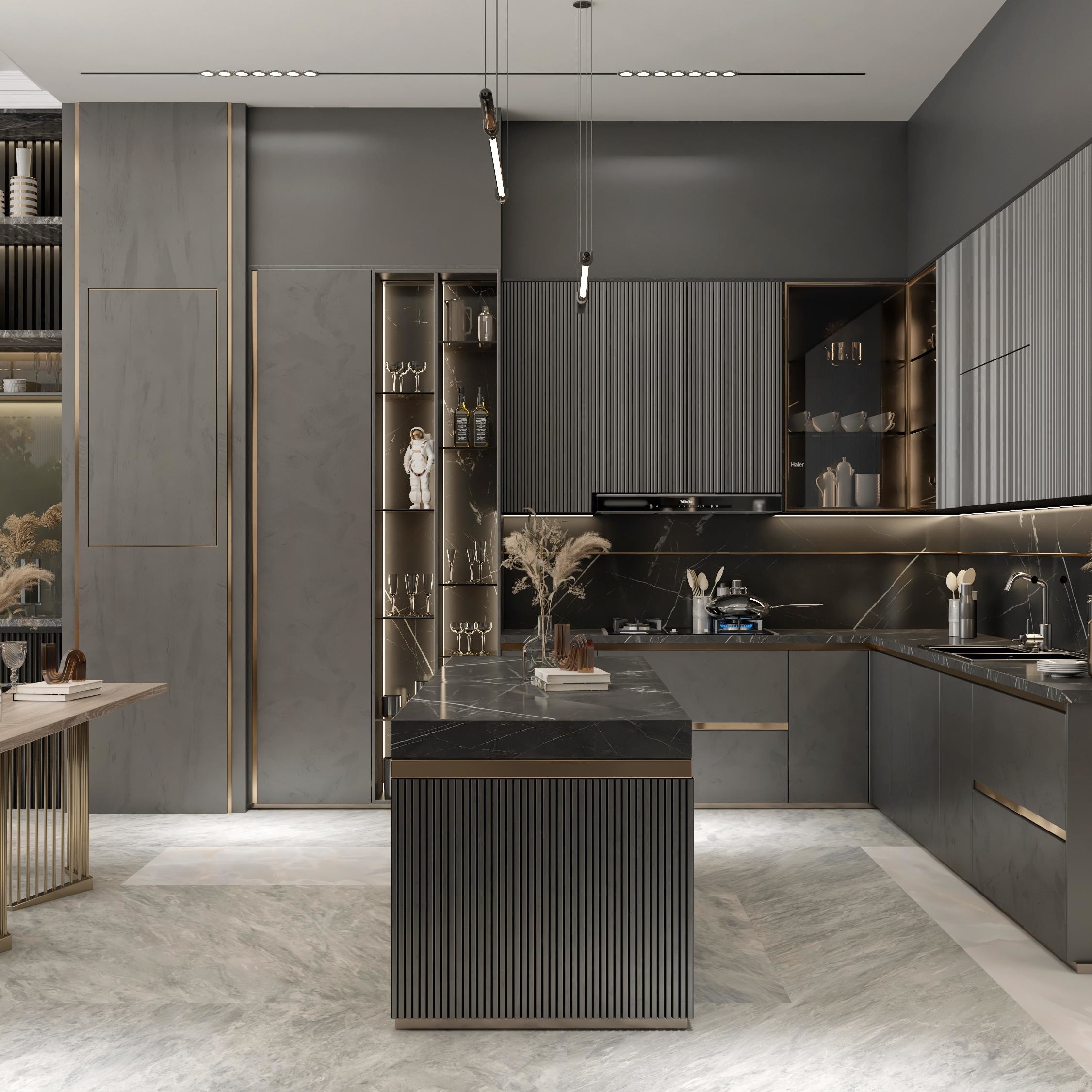 Modern Kitchen Cabinet With Island Sintered Stone Countertops Wood Grain Kitchen Cabinets Designs For Villa
