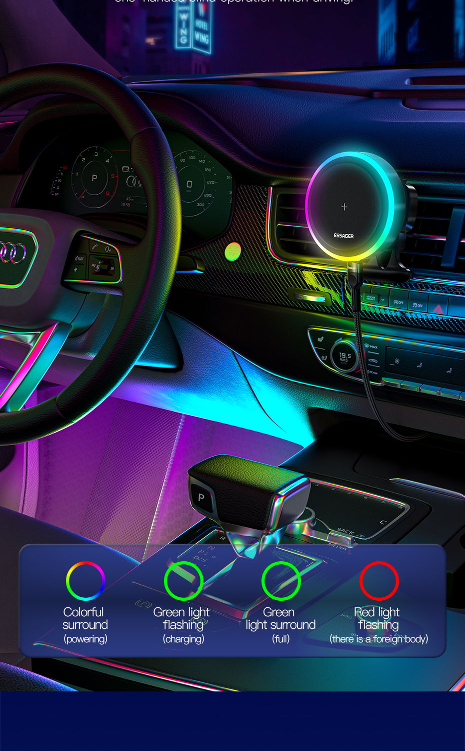 Essager 2022 Ferris Wheel 15W Wireless Charging RGB Ambient Light 360 Rotational Car Charger Holder For Car
