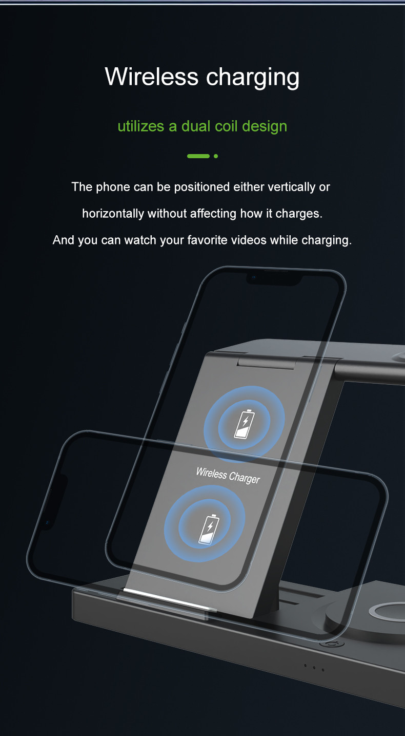 Foldable Wireless Charging Station for Smartphones Earbuds Watches 3W Watch Charging 15W Phone Output Custom