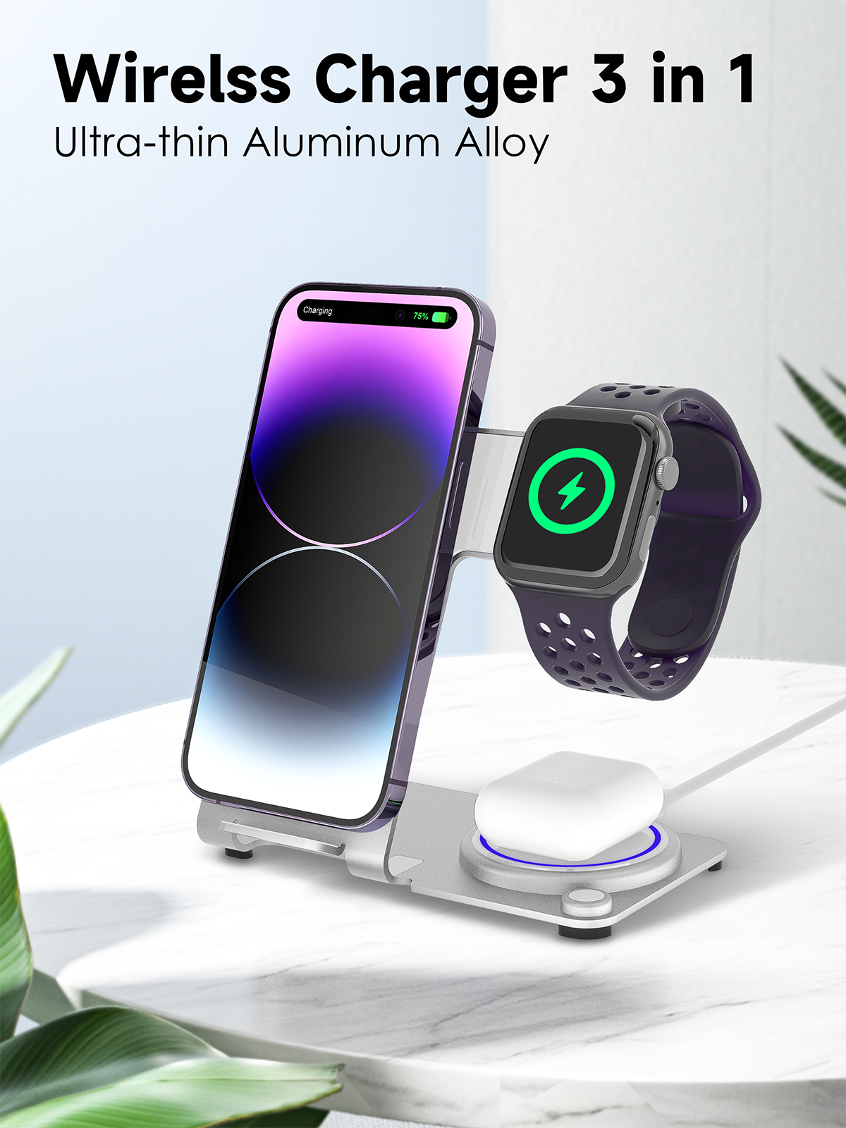 CE FCC ROHS Aluminum Alloy 3 in 1 Wireless Charger for Phone Input 9V-2A QC or PD