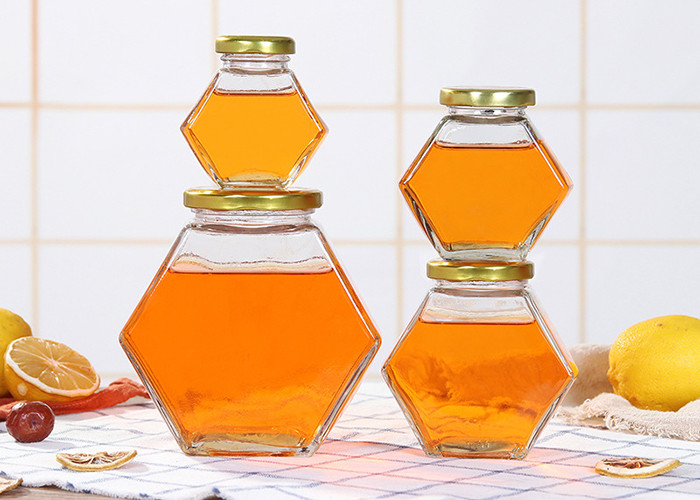 250ml-750ml Glass Honey Jars With Lids , Hexagon Glass Jars Clear Color