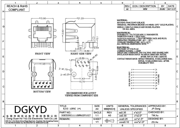 DGKYD5921111HWA3DY1027 90 Degree In Line RJ45 Connector 10P8C Without Lamp