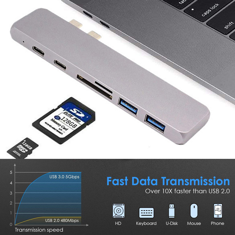 USB C Hub for New MacBook Pro 2016, 2017, 2018, 13" & 15" only, Thunderbolt 3 Aluminum Dual USB Type C 2-port USB C 3.0