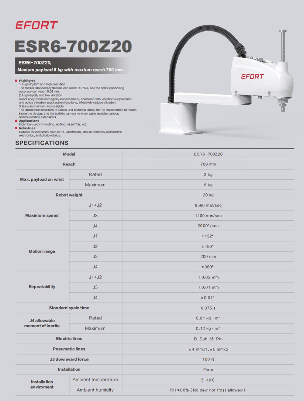 SCARA Robot In Handling Sorting Assembling For 3C Electronics Lithium Batteries Auto Electronics Photovolta ESR6-700Z20