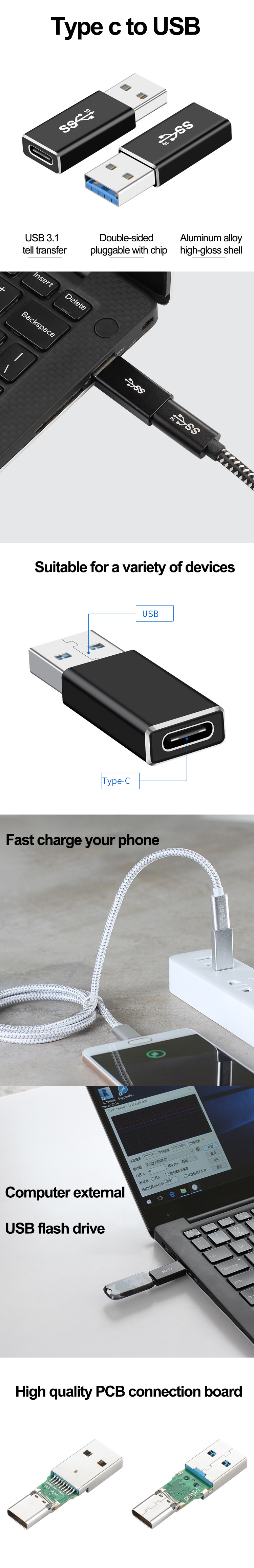 Two Sided 10Gbps USB 3.0 Charging Cable Female To USB A Male Adapter