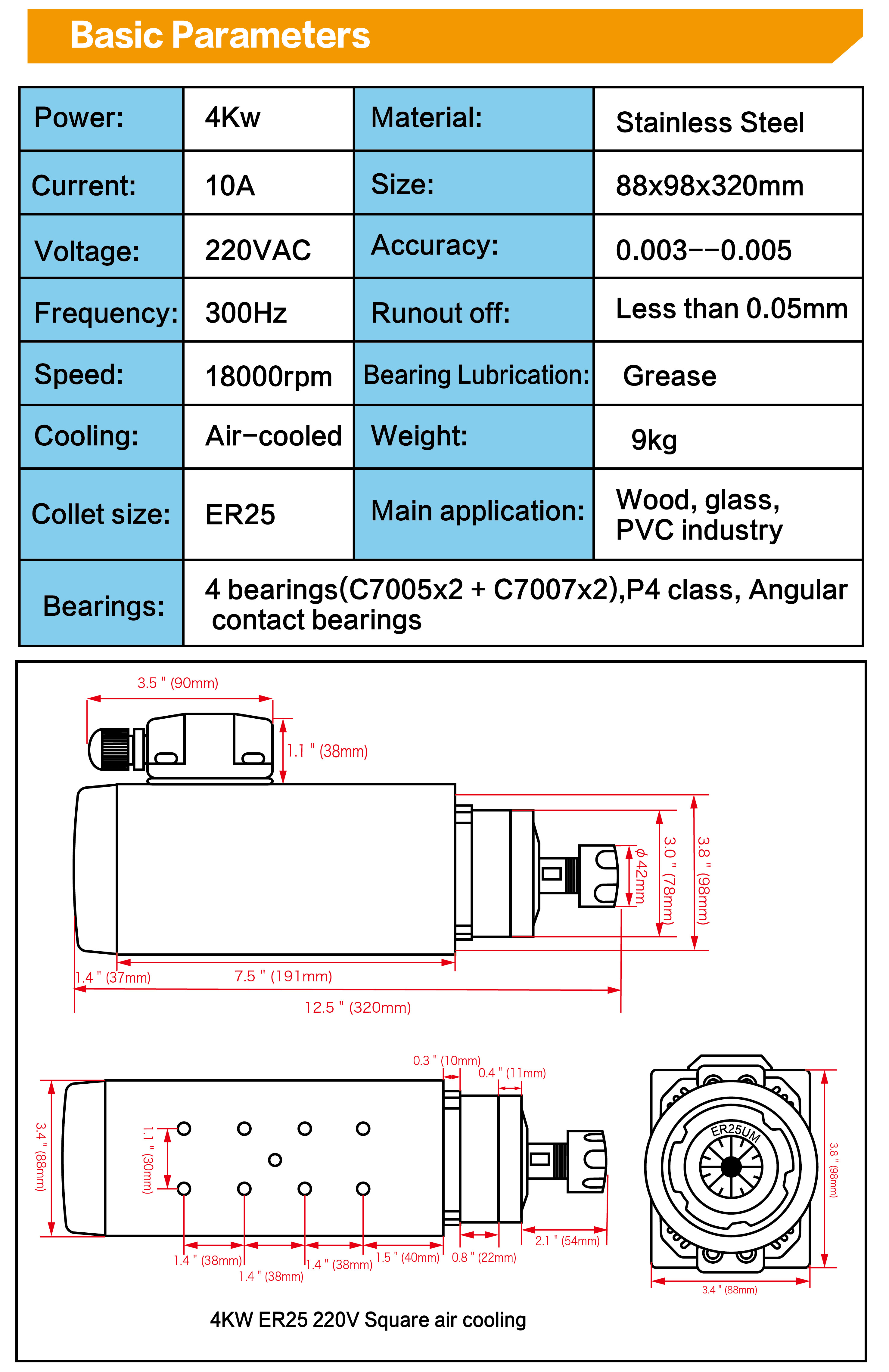 4KW CNC Spindle Motor ER20 Collect 18000RPM for CNC Router Engraving Machine