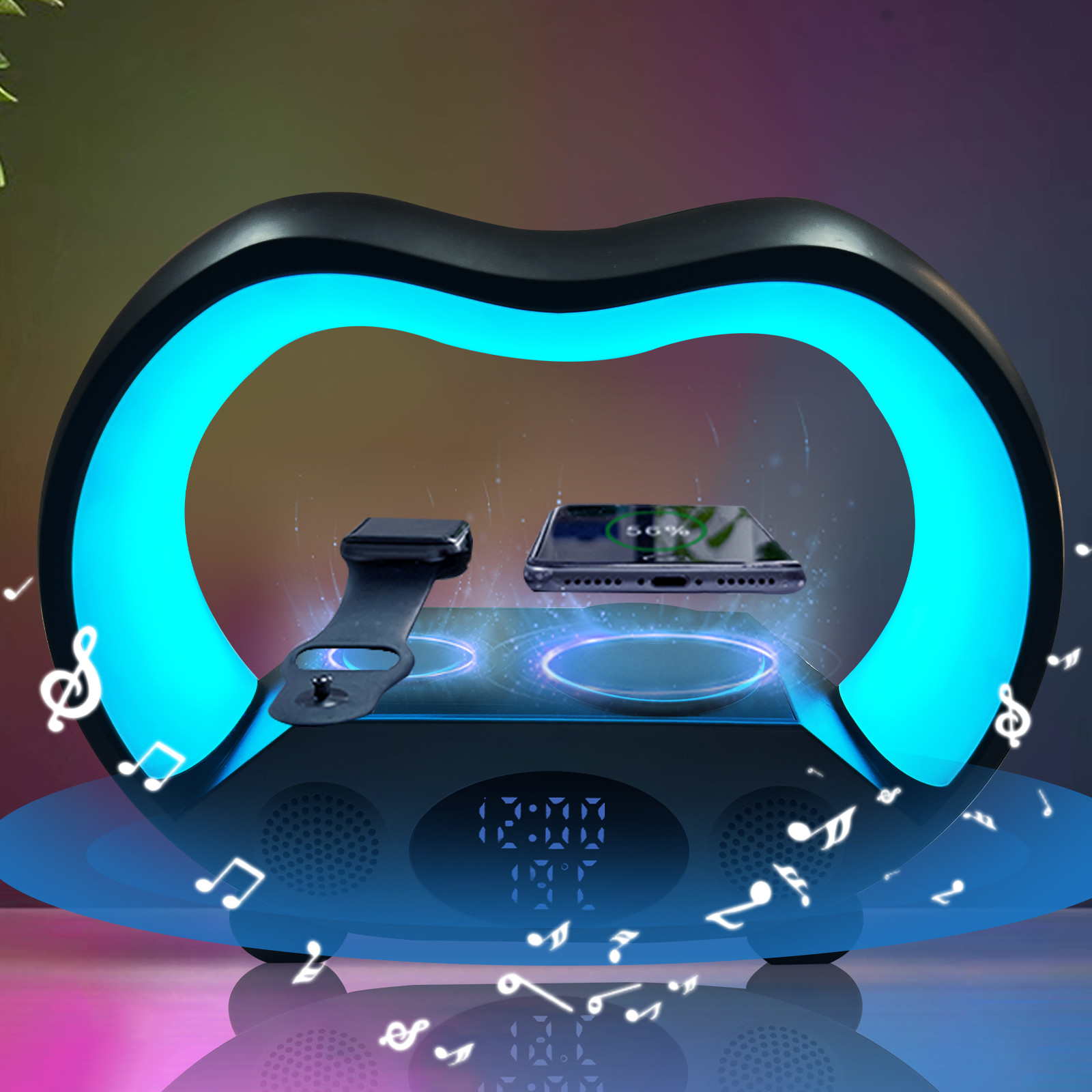 15W Fast Charging Speaker Wireless Charger with Colored Lights and Bluetooth ABS Material