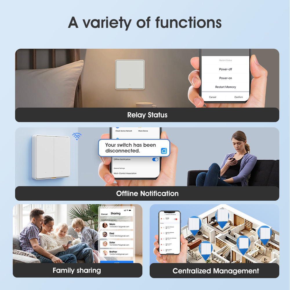 Tuya WiFi RF433 Smart Wall Switch, 110-250V, No Neutral Wire Required, Voice Control with Alexa, Google Home, Tmall Genie, and App Timing Features