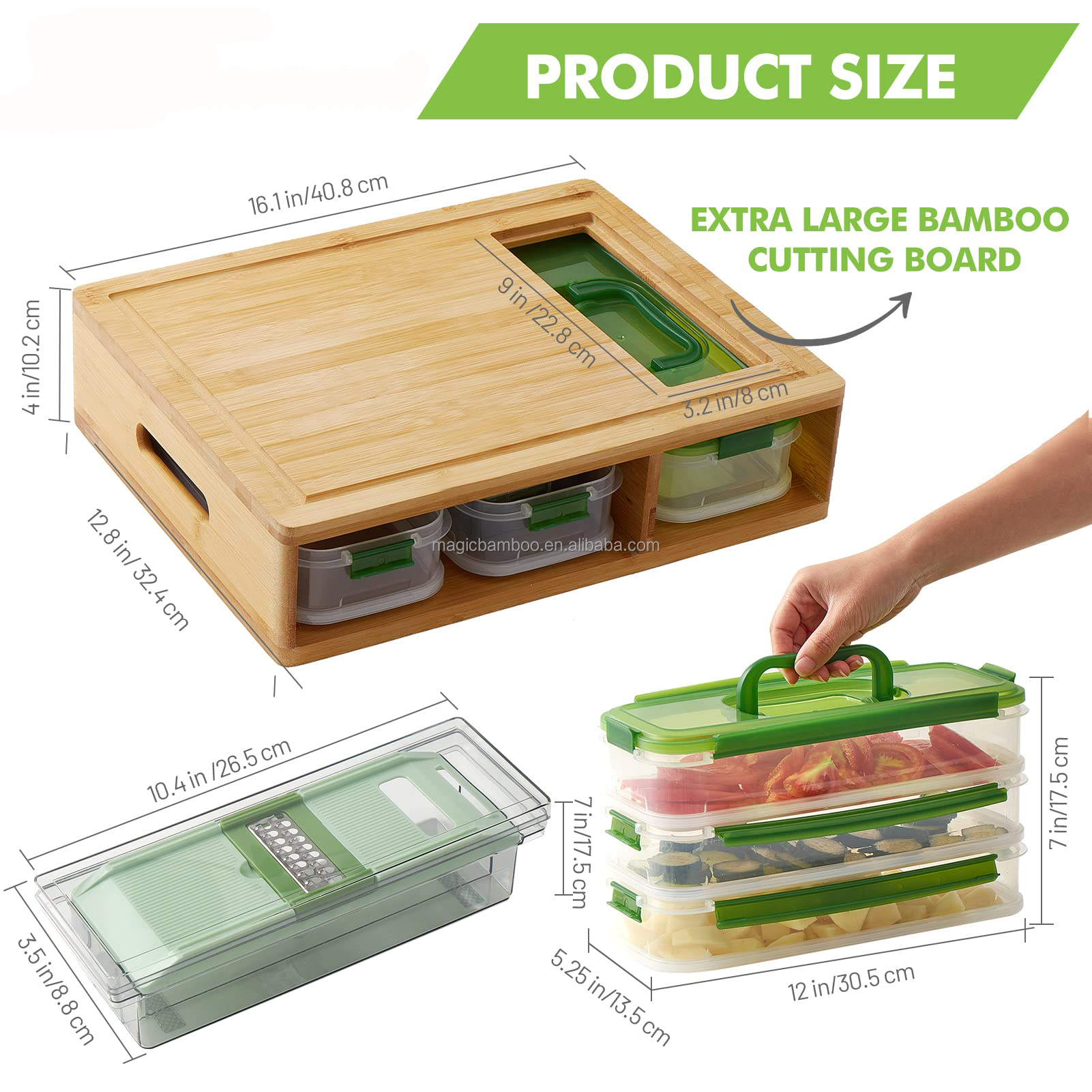Hotel Bamboo Cutting Board With Containers And Locking Lid And Graters For Home and Bar