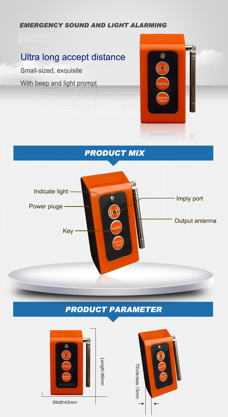 Wireless elderly person pager system long accept distance emergency alarm with call button