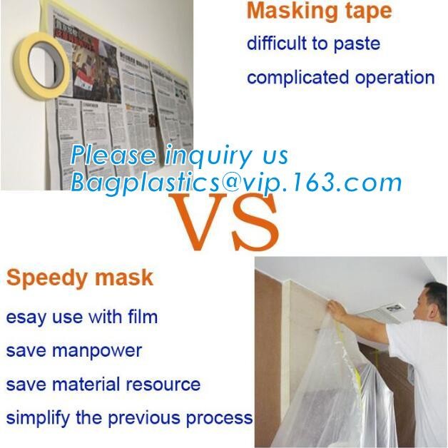 Disposable PE pre-taped self static cling masking film, Cover mask plastic drop film PE protection film with tape, BAGEA