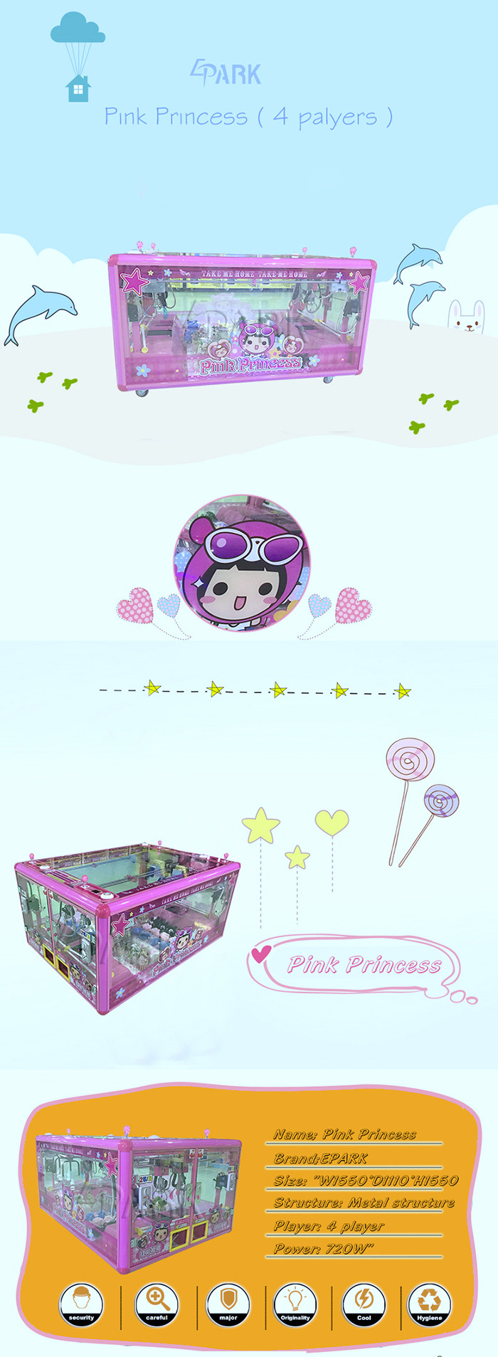 Claw Crane Toy Vending Machine For 4 Players Multi-Language Support