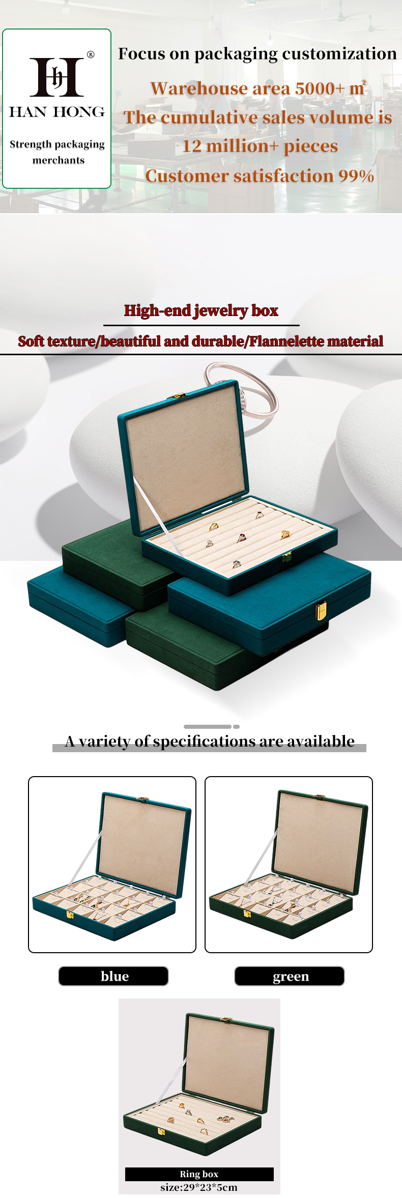 Spacious Space Velvet Jewellery Box Multiple Cells Jewelry Display Box Custom Logo