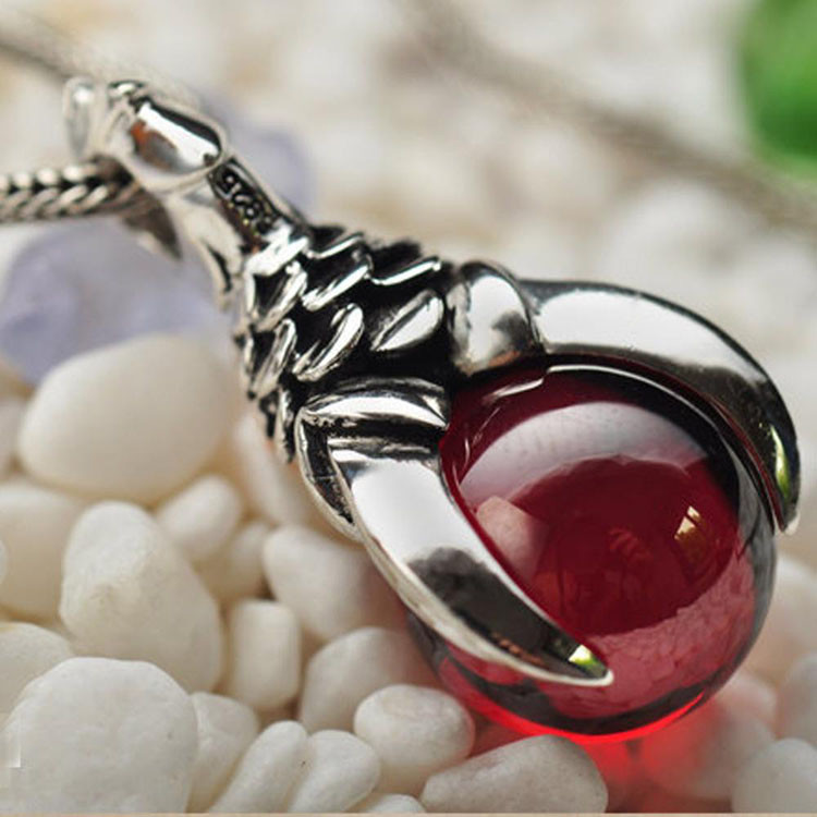 Vintage Thailand Sterling Silver Dragon Claw Garnet Pendant Necklace for Men for Women(N6030810)