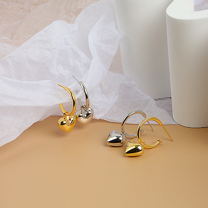 925 Sterling Silver Heart Shape Women Girl Hoop Earrings Brazilian Gold Plated Jewelry