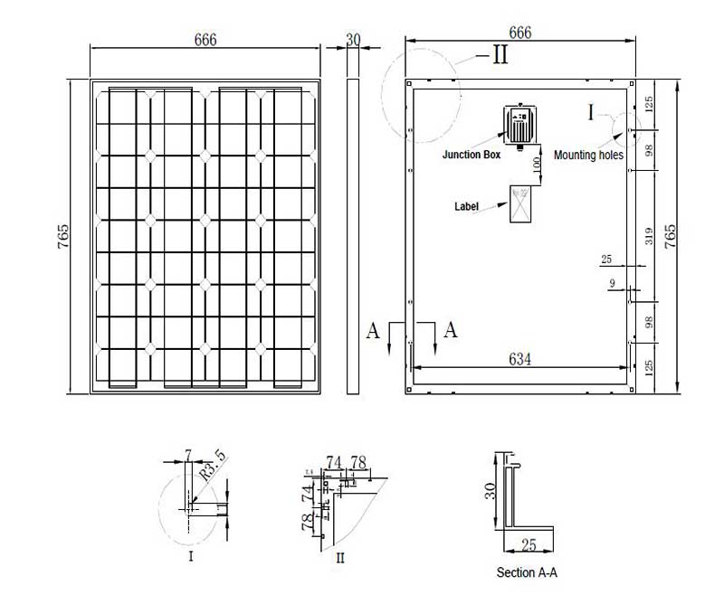 80W-85W-18V small solar panel assembly size chart
