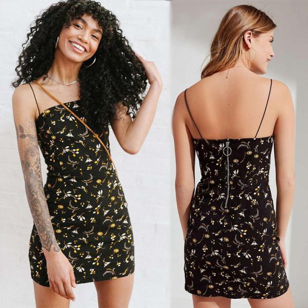 2018 Adjustable Spaghetti Strap Floral Print Vacation Dress Bodycon Mini Dress