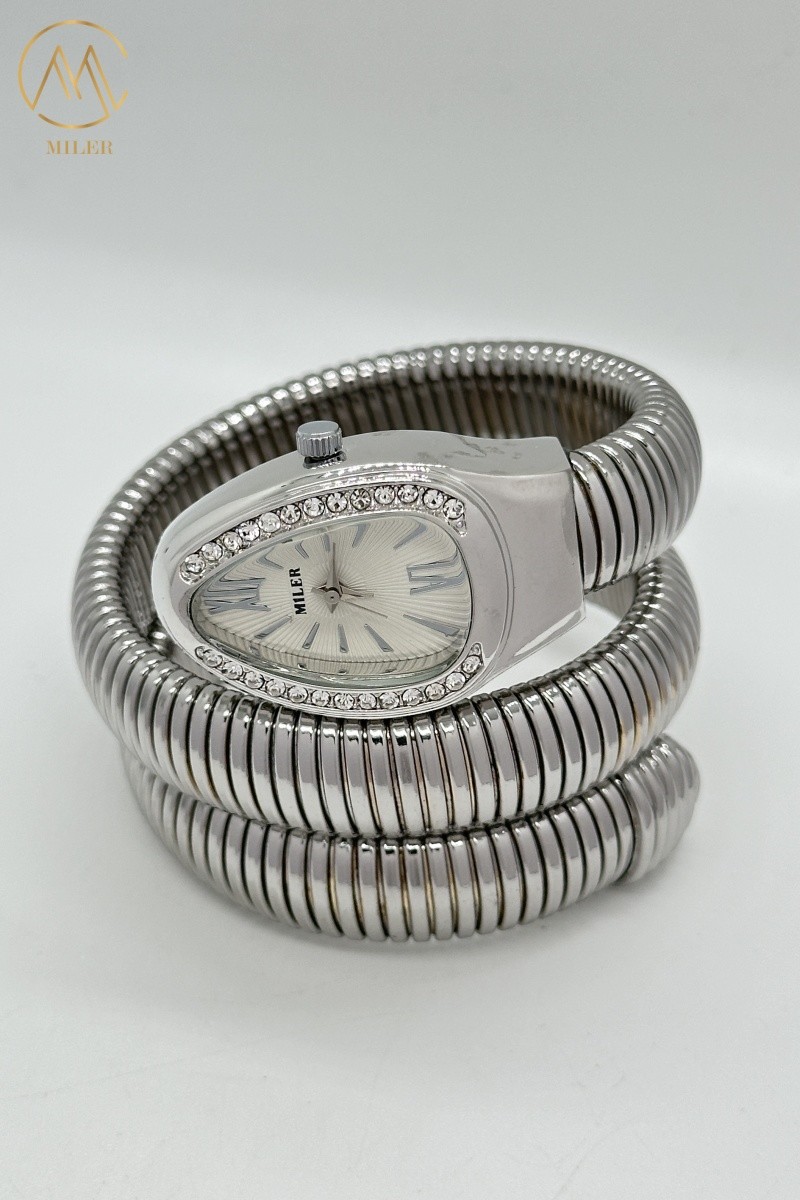 Wholesale Quartz Creative Snake-Shape Two-Ring Silver Alloy Band Full Diamond Watch for Lady