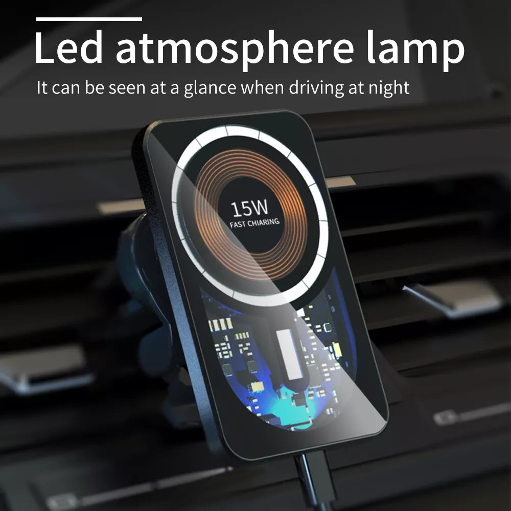 Aluminum Alloy Magnetic Wireless Car Charger Punk 15W Transparent Fast Charging