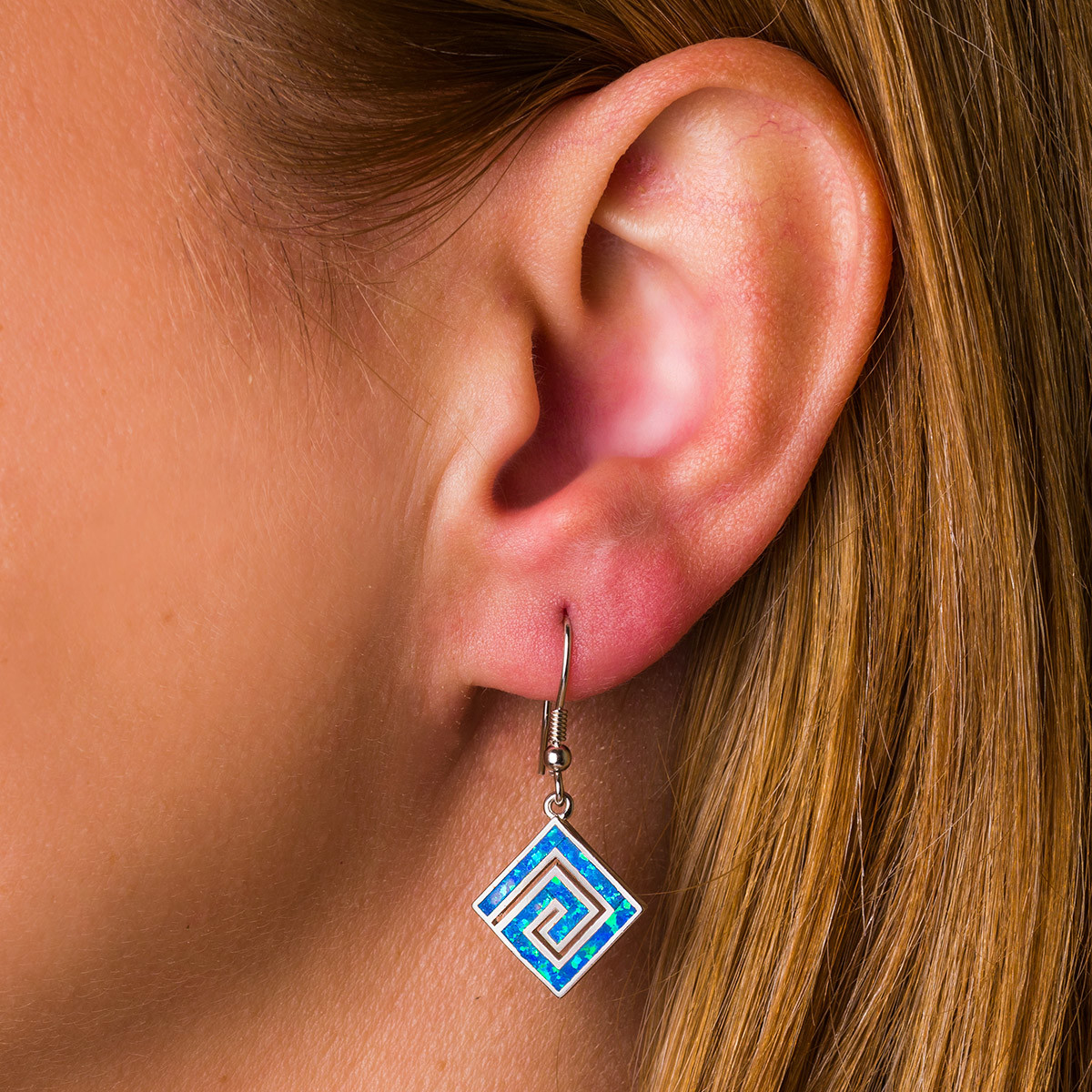 925 With Sterling Silver Natural Greek Key Blue Opal Dangle Crystal Earrings For Women