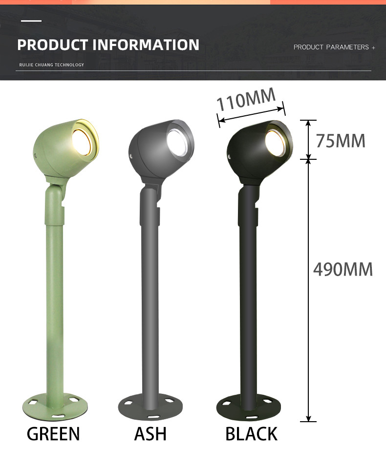 Colored LED Lawn Lights Garden 12W 110x75x490MM 3000K Green 120 Degree