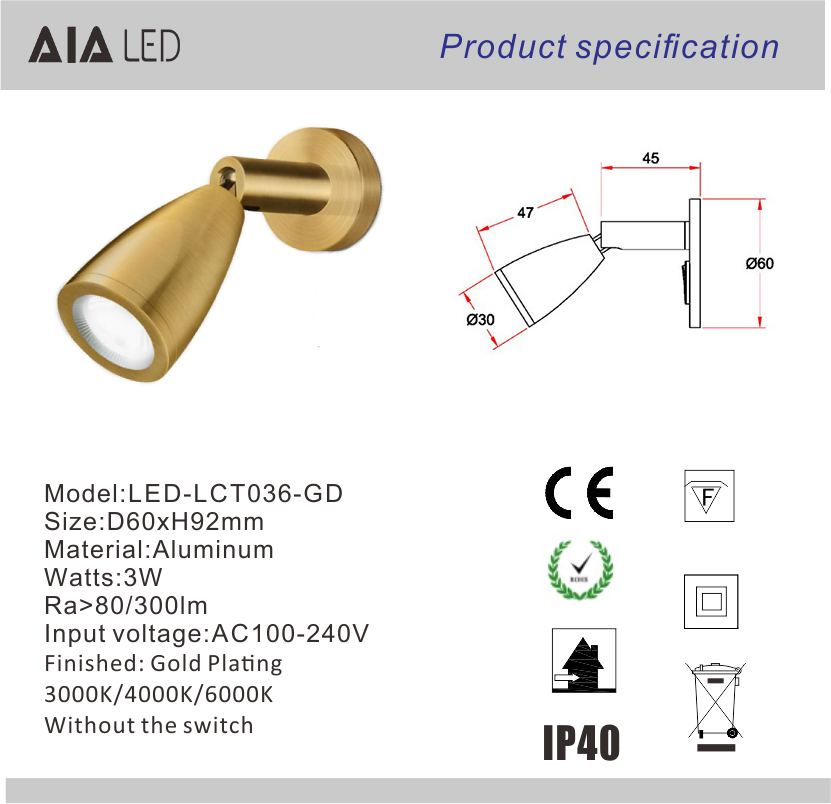 Interior top quality modern design 3W bedroom led wall lighting foldable wall light for bedside for villa