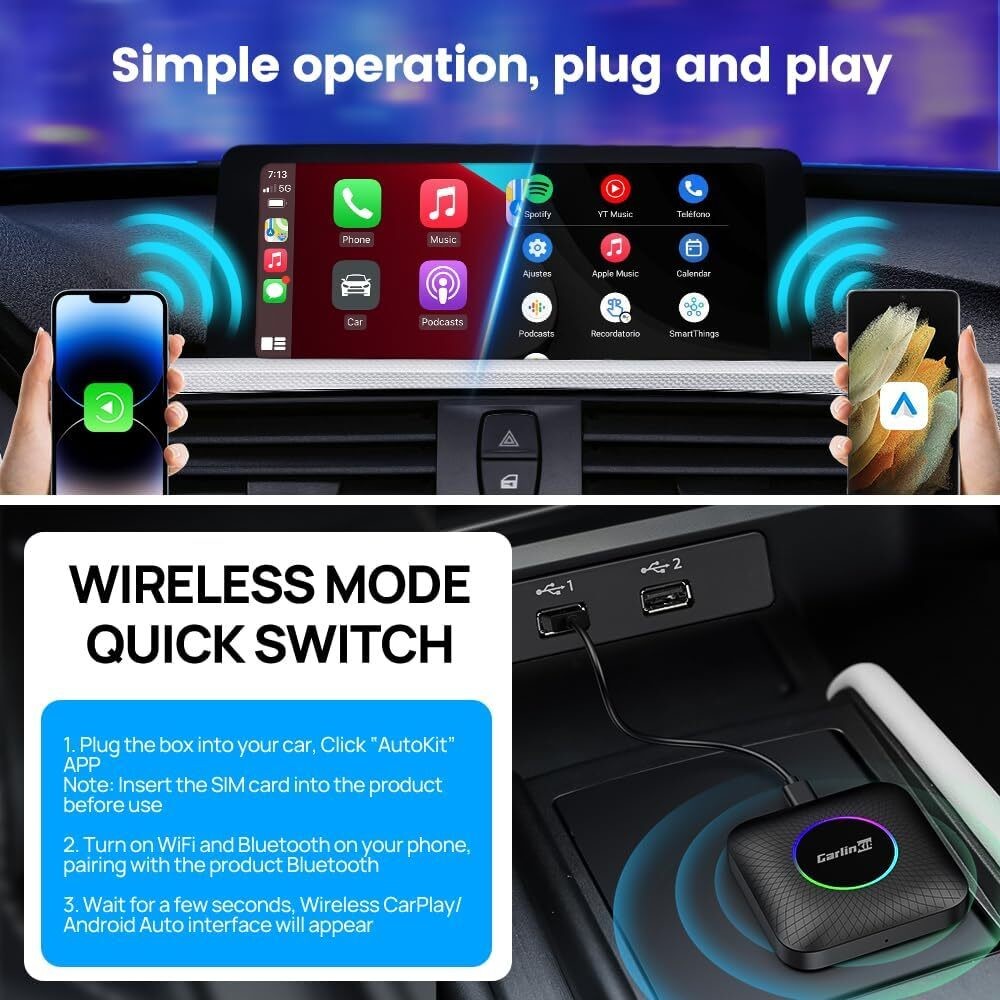 Multi Media TBox Ambient Dongle Android 13 SDM660 Wireless Adapter CarPlay Android Auto 128GB FOTA Upgrade SIM TF Ai Box