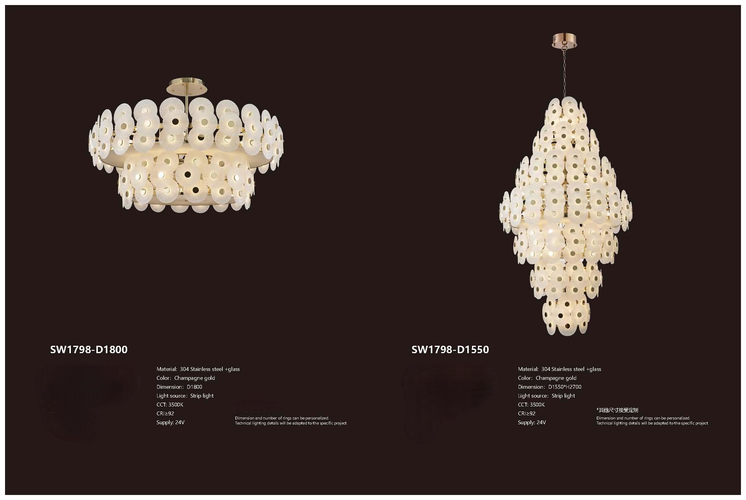 24V 3500K Champagne Gold Glass Custom Chandeliers Soft Brightness