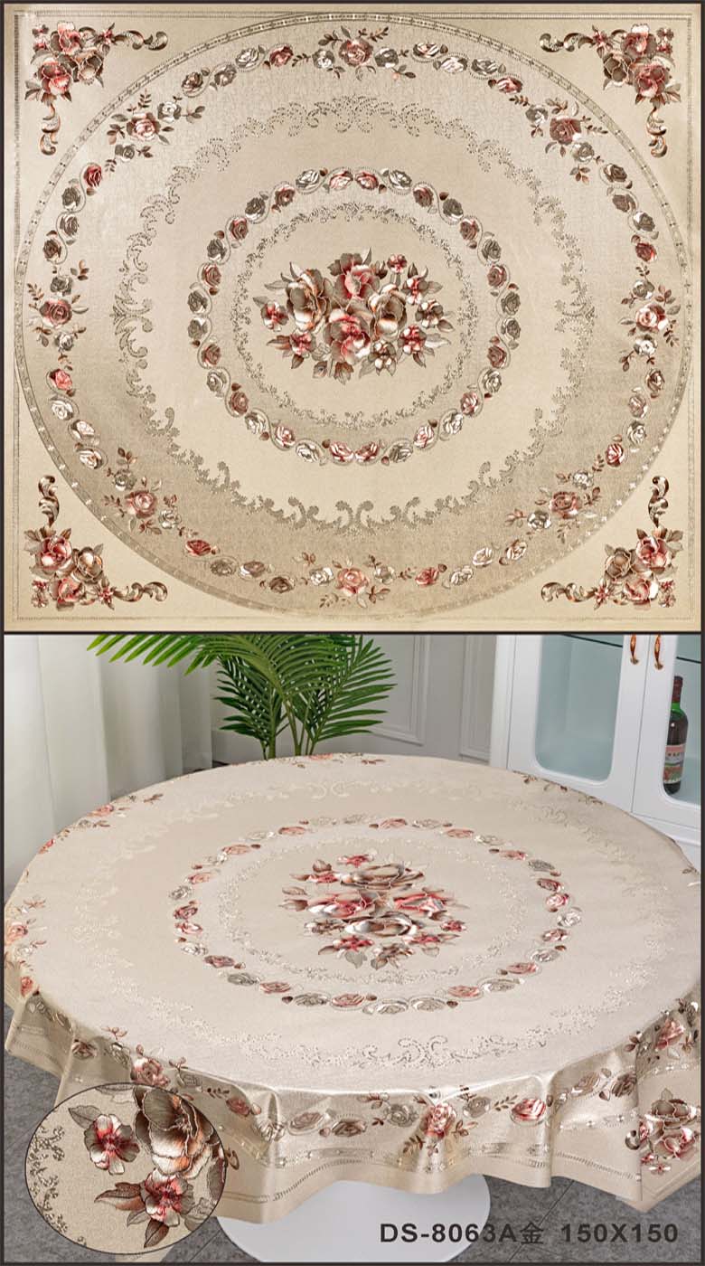 Customized PVC Round Plaid Tablecloth for 10 People White and Green Floral Pattern