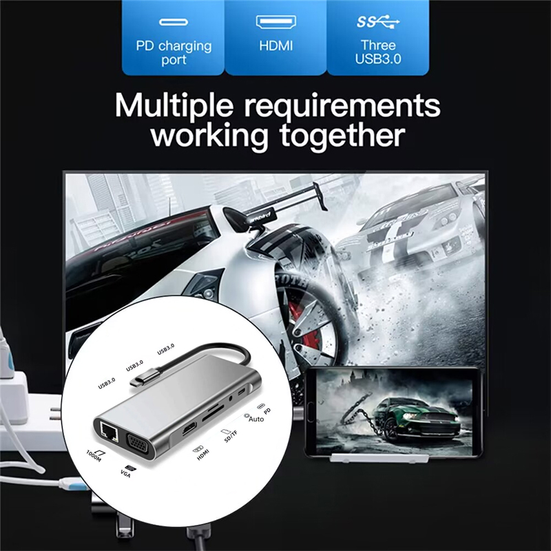 USB C Hub Type-C To USB 3.0 HDMI VGA RJ45 Lan SD TF Audio USB Grey Multiport Adapter