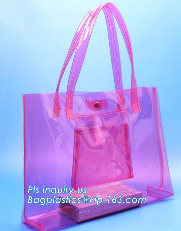 customized handle logo clear pvc bag with zipper china manufacturer, environmental friendly clear pvc plastic handle bag