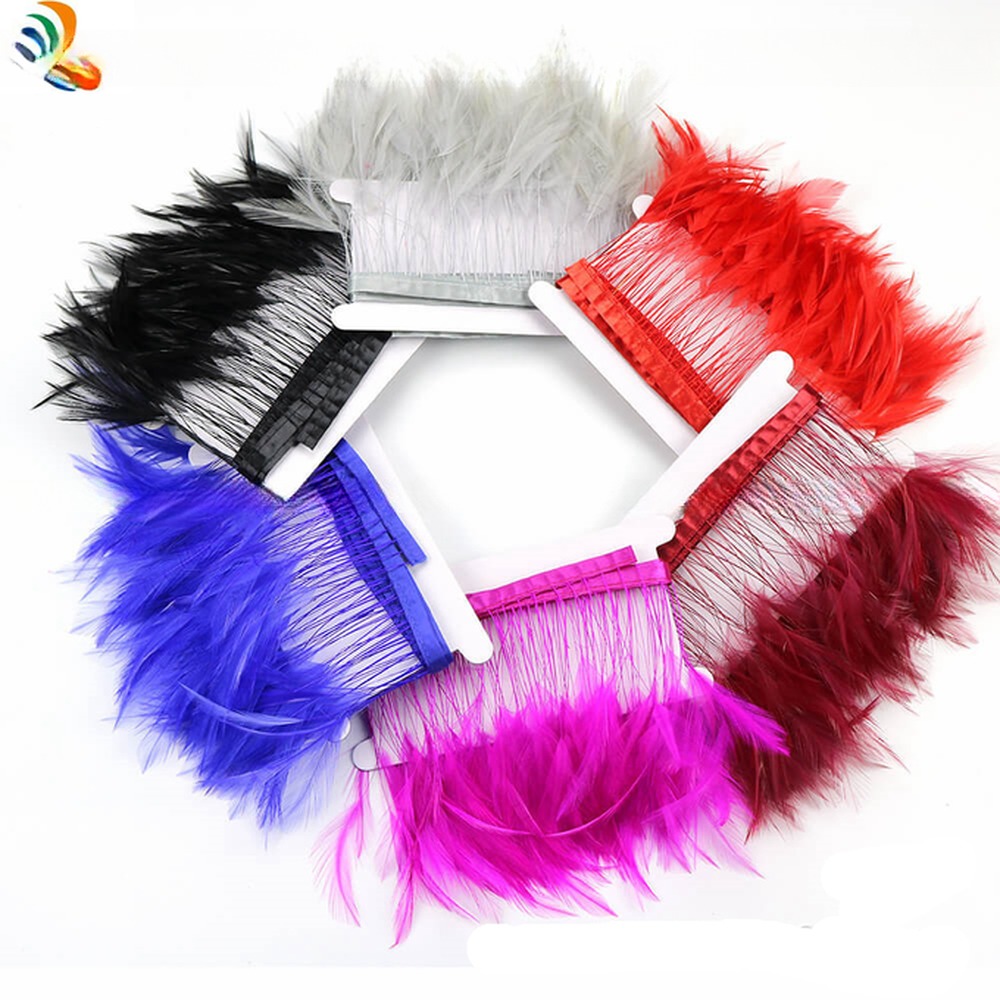 Dyed Pattern Party Decoration Stripped Hackle Feather Fringe Trimming with Satin Ribbon Tapes