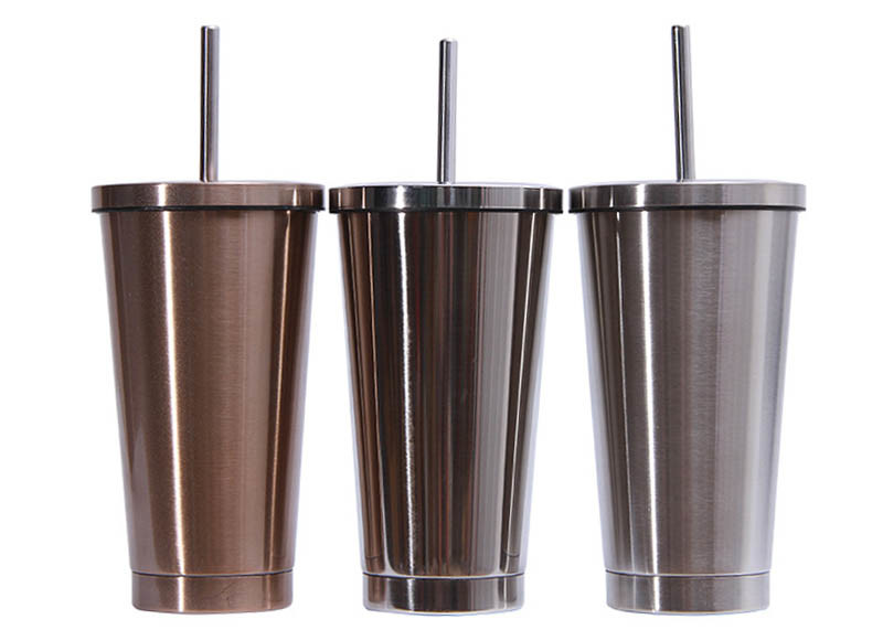 500ml 304 Stainless Steel Straw Cup , Creative Office Portable Straw Cups