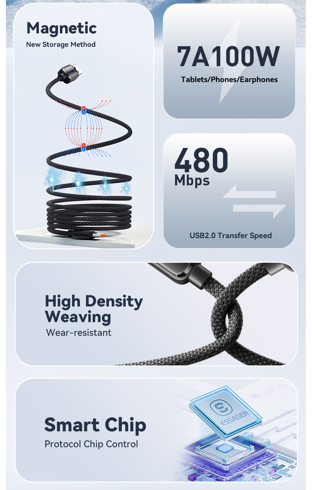 USB A To USB C Magnetic Cables Fast Charging 100W ES-X56 Series