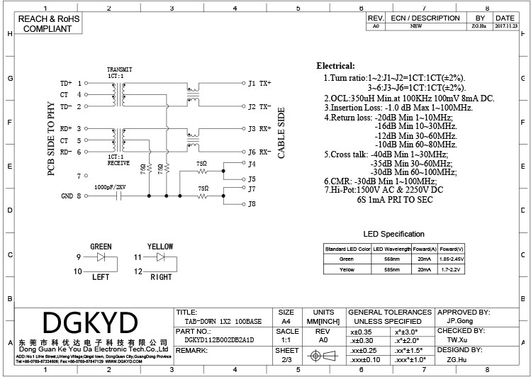 Low Profile 1x2 Cat6 RJ45 Multiple Port Connectors DGKYD112B002DB2A1D