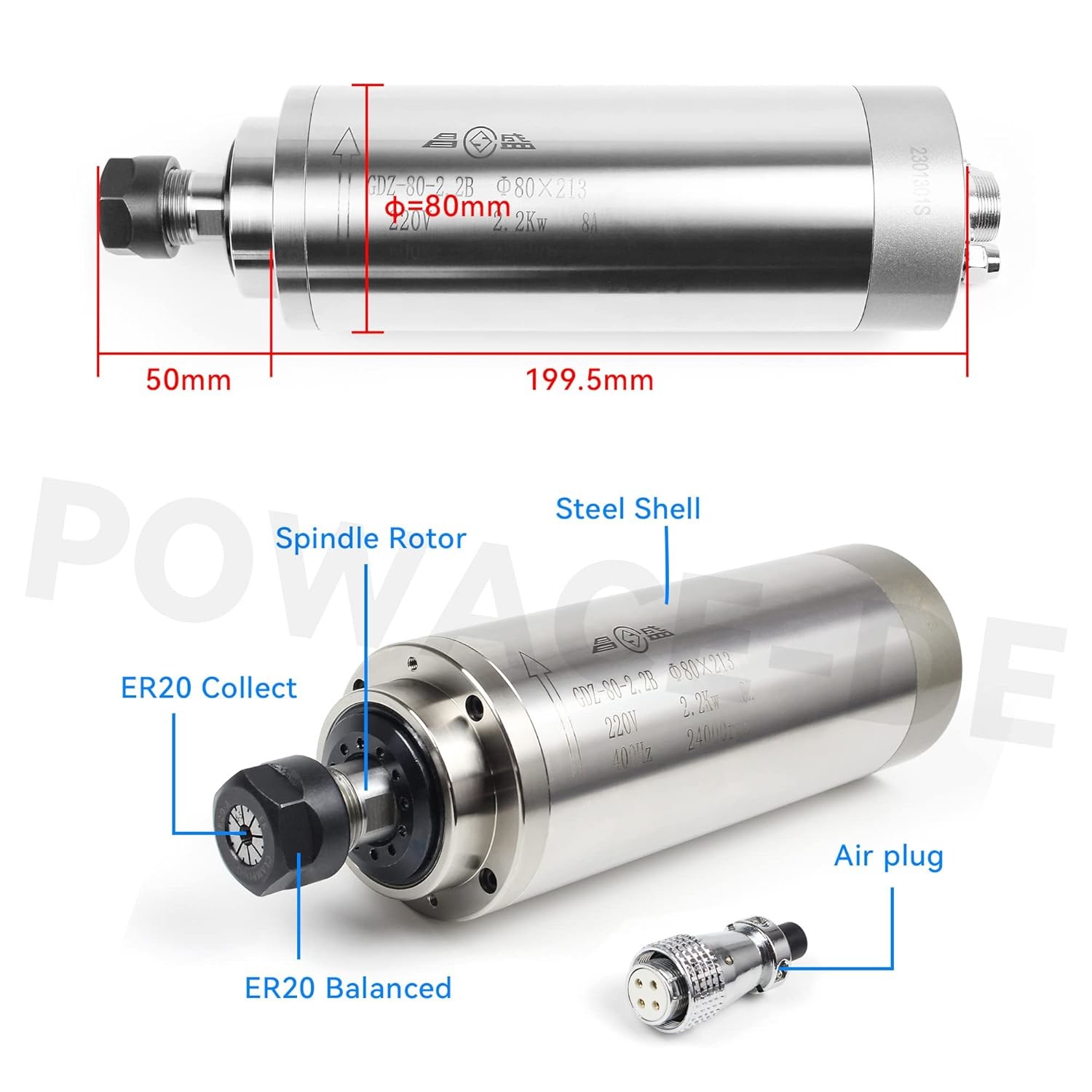 2.2KW Water Cooling Spindle Motor 220V 24000RPM For CNC Woodworking Engraving