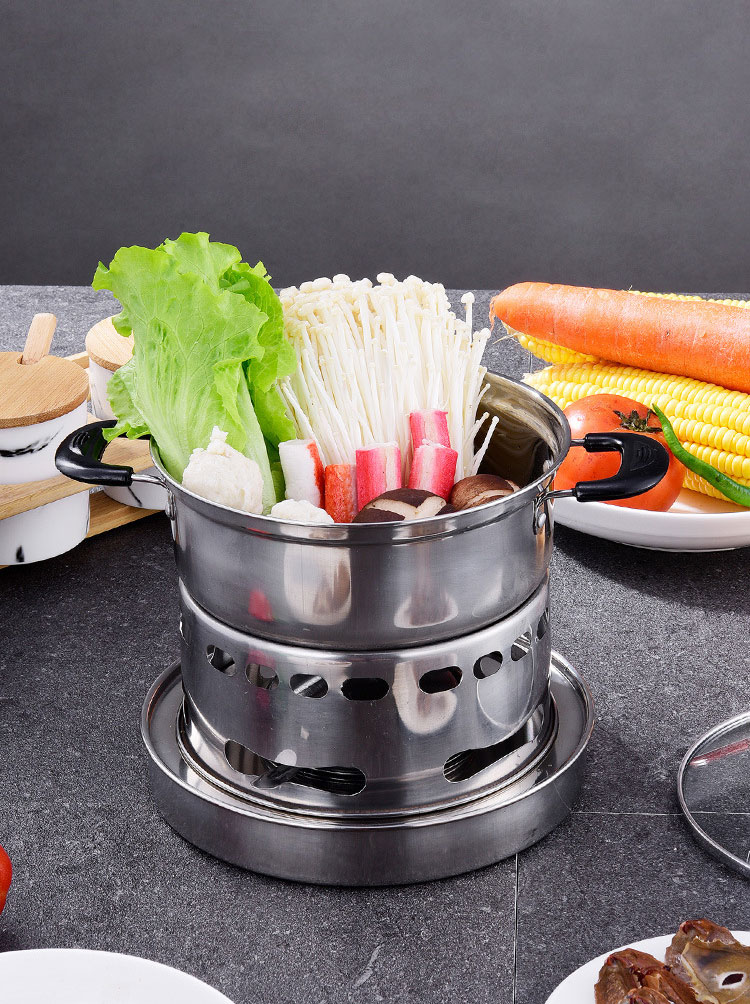 Fashion Simple Stainless Steel Hot Pot Kitchen Hotel Single Portable Alcohol Stove Self Service Hot Pot Set