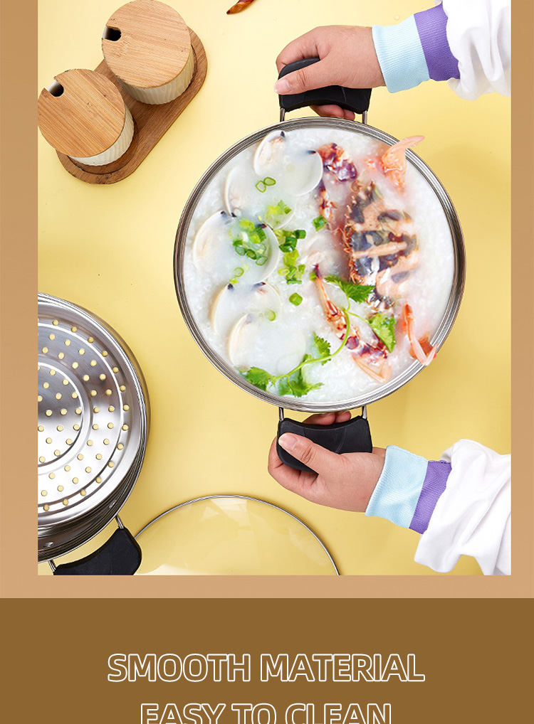 Factory Wholesale Two Layers Stainless Steel Saucepot Food Steamer Pots Circle Soup Pot With Glass Lid
