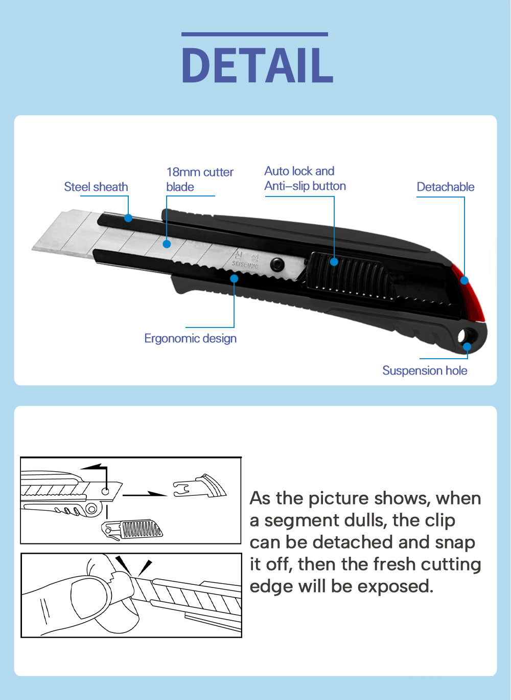 Black Snap Off Knife Blades 9mm 18mm Utility Knives Auto-Lock Anti-Slip Design