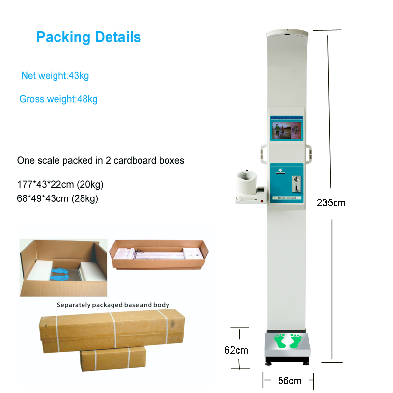 Multifunction Ultrasonic Health Checking Kiosk Human Height Weight BMI Balance Scale Body Fat Analyzer