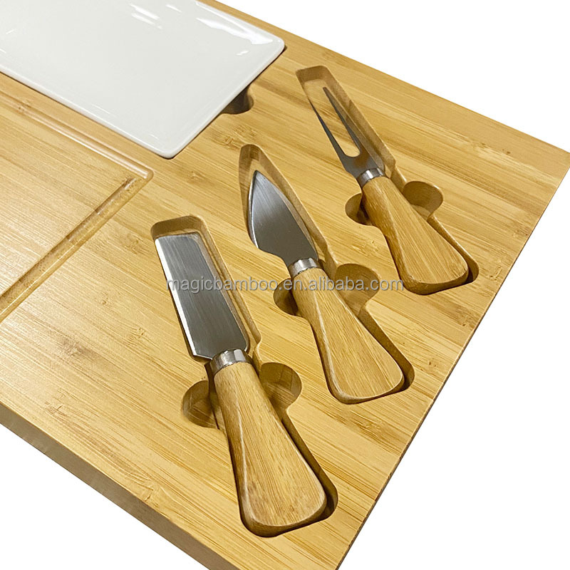 CE / EU Certified Bamboo Cheese Board Set with Three Cheese Knives and Slate Surface