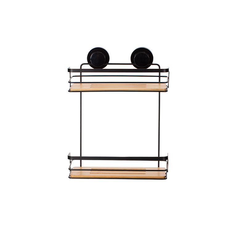 Black Bamboo Bathroom Shower Rack With Easy-Lock Suction Wall Mounted Basket Shelf