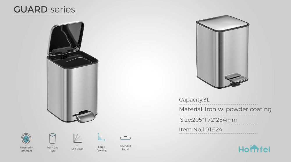28L SS Rectangular Pedal Trash Can Waste Bin With Rolling Cover Type