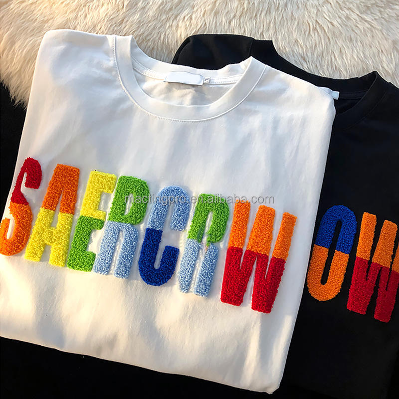 Logo design Custom 100% Cotton Round Neck Tshirt Towel with Chenille Embroidery Patch