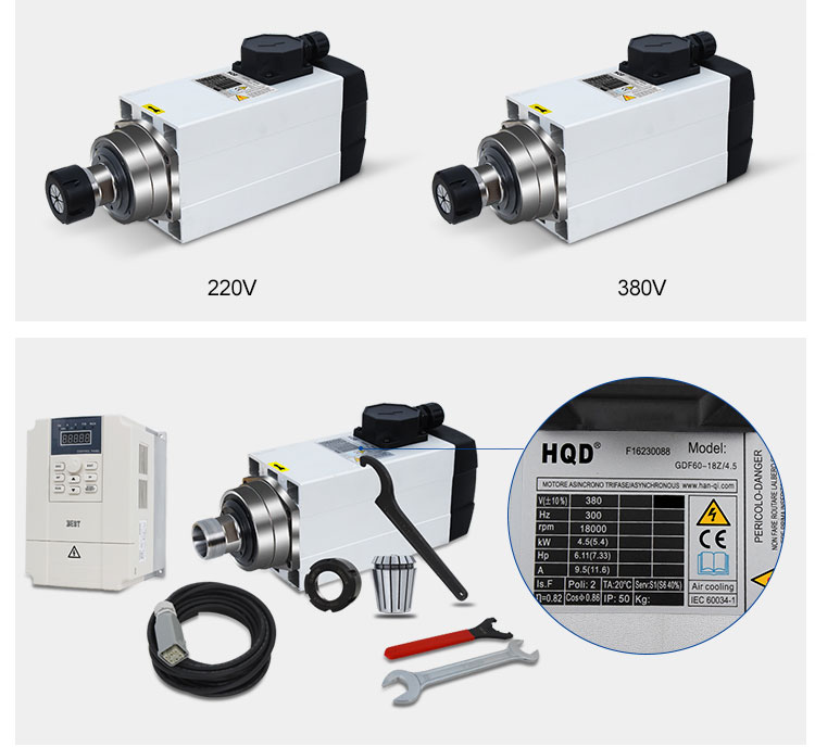 220v / 380v Fan Cooling 4.5kw 300hz ER32 Square Air Cooled Spindle Motor for CNC Router
