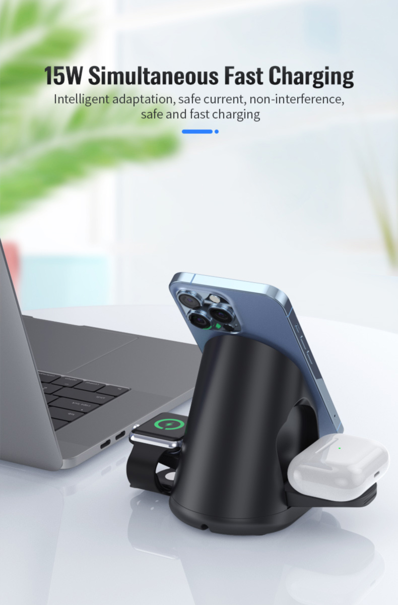 15W Portable QI Multifunctional 3 in 1 Magnetic Wireless Stand For iPhone 15 14 13 Pro