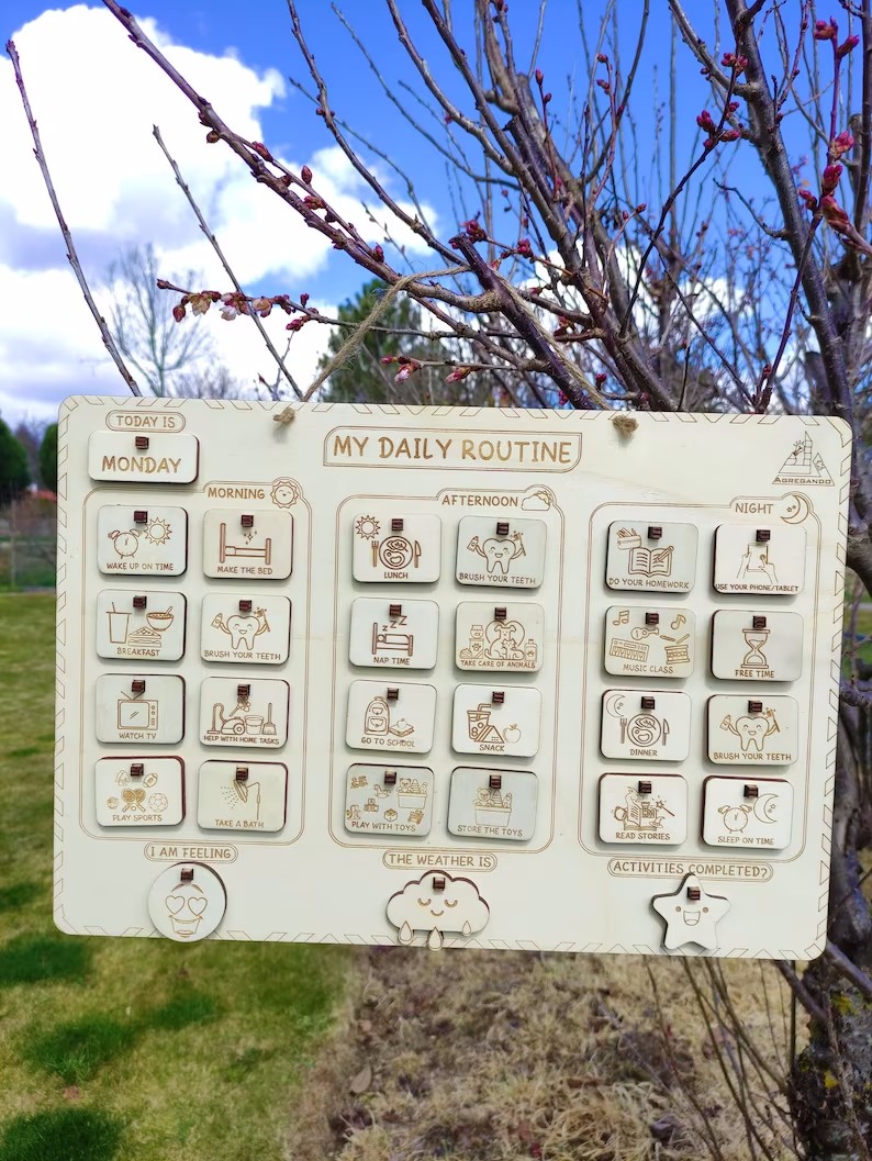 Wooden Daily Routine Chart My Daily Routine Chore Board Planner Lines Checklist