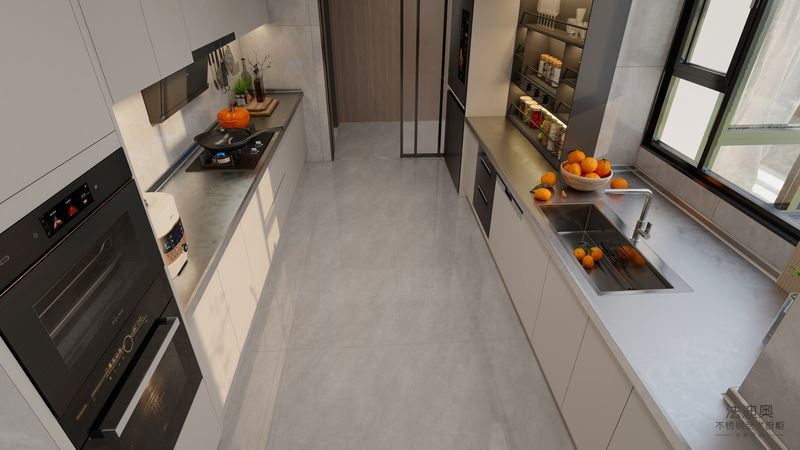 Fadior Double-Line Layout Beige Stainless Steel Modern Kitchen Cabinet