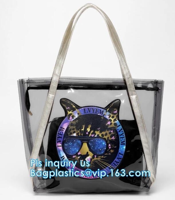 Fashion woman full print pvc private label handbag manufacturer, PVC Transparent Handbag Women bag, student pack swimmin