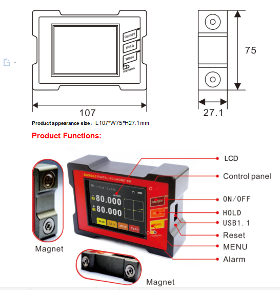 OEM 267mm High Accuracy Digital Inclinometer 2 Axis Lithium Cell